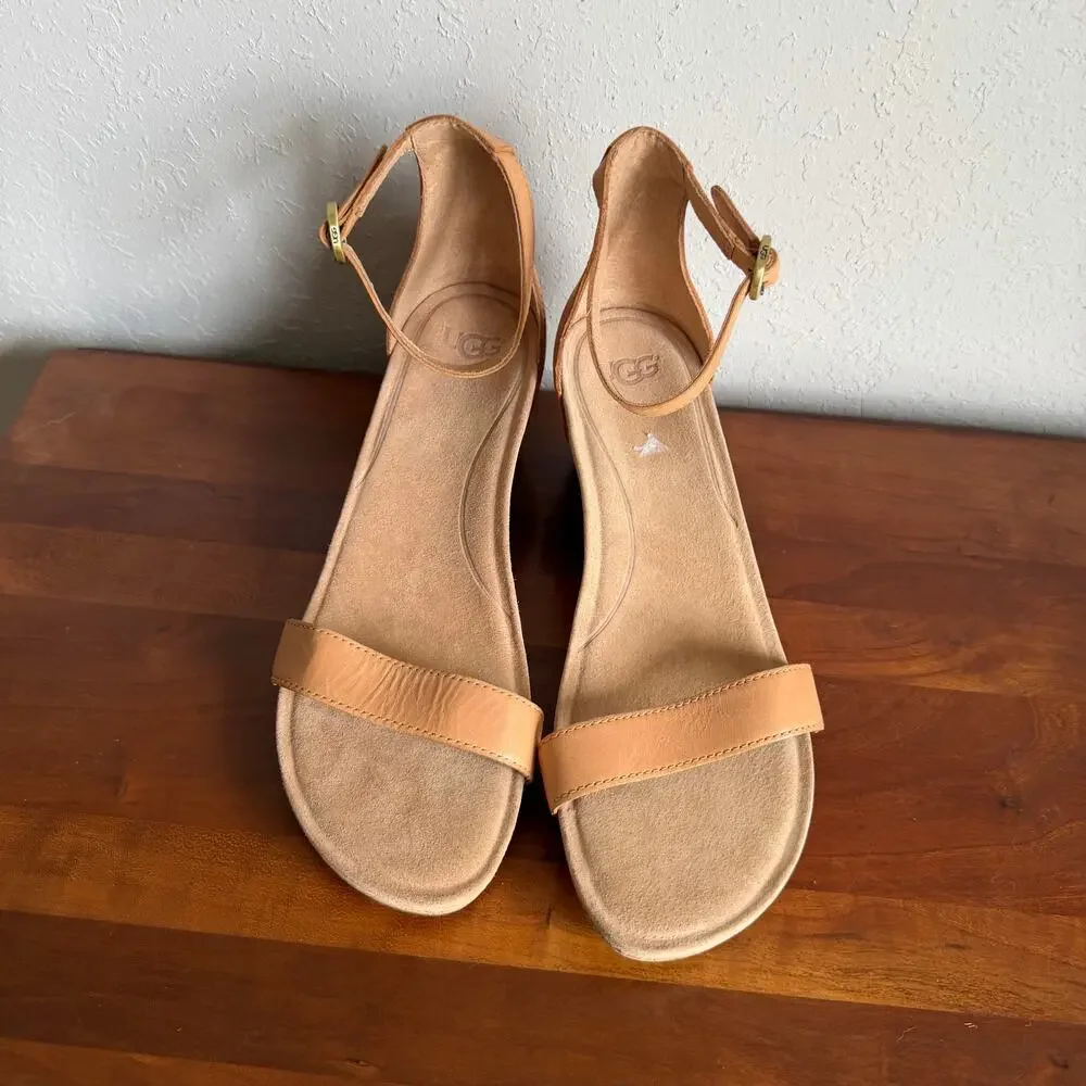 UGG Emilia Tan Leather Cork Wedge Strappy Sandal Womens 8 Coquette - Picture 3 of 5